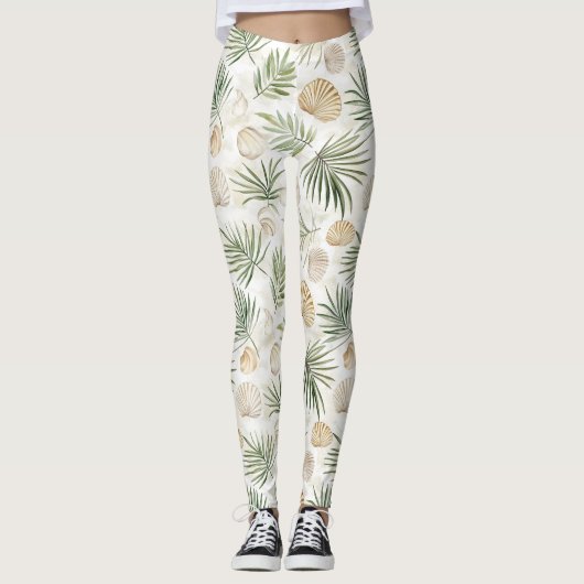 Leggings Shells Beach Green Palm Tree Leaves (Devant)