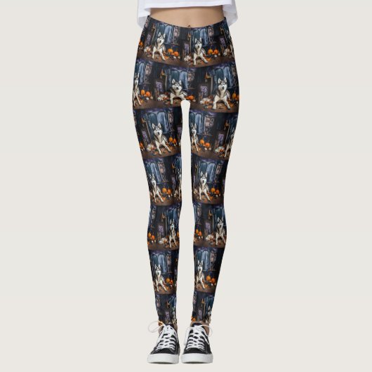 Leggings Sibérie Husky Citrouille Halloween effrayant (Devant)