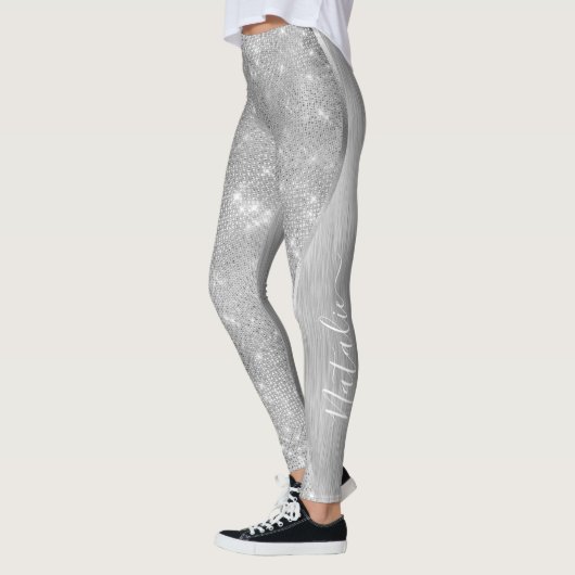 Leggings Silver Glitter Glam Bling Personalized (Gauche)