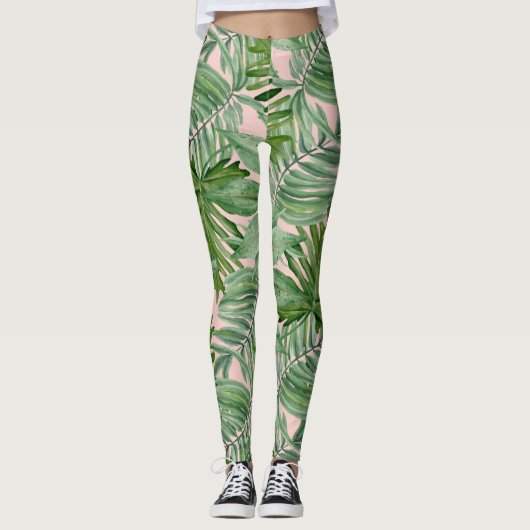 Leggings Simple moderne Pink Palm Leaf Tropical Floral (Devant)