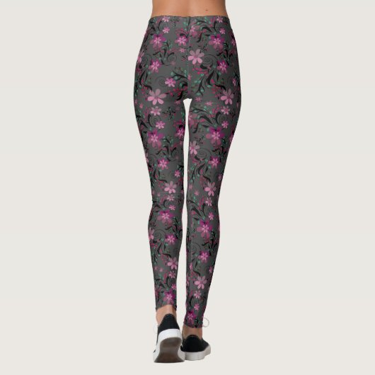 Leggings Simples abstrait rétro fleurs violet gris backgr (Dos)