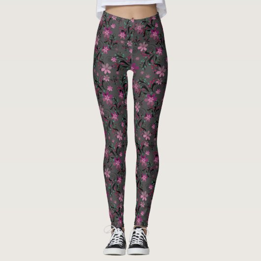 Leggings Simples abstrait rétro fleurs violet gris backgr (Devant)
