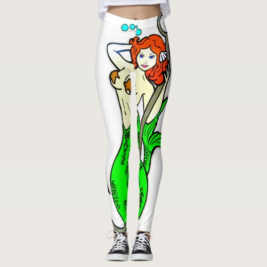 Leggings sirène rousse à queue verte (Devant)