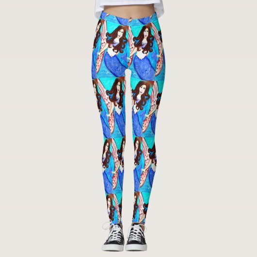 Leggings sirènes de brunes à queue bleue (Devant)