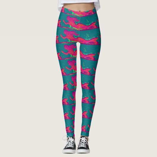 Leggings sirènes rouge motif vert (Devant)