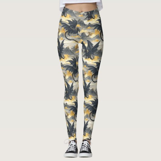 Leggings Skydwellers - Dragons noir et or (Devant)