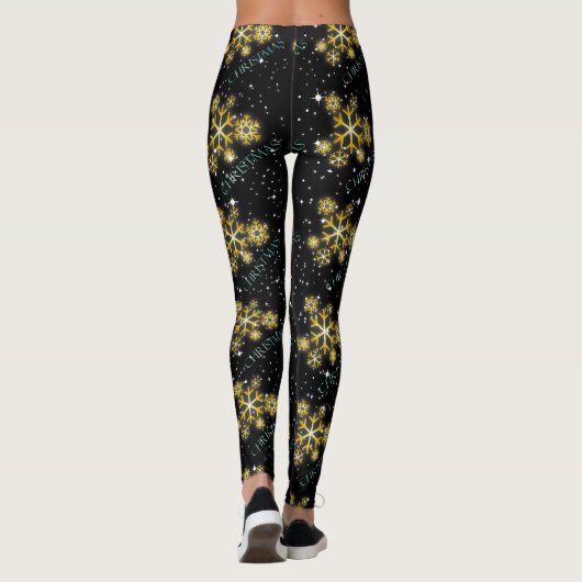 Leggings Snowflakes dorés avec Noël en vert sur NOIR (Dos)
