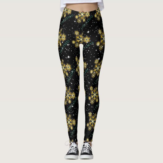 Leggings Snowflakes dorés avec Noël en vert sur NOIR (Devant)