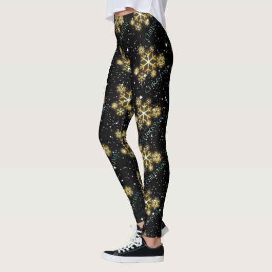 Leggings Snowflakes dorés avec Noël en vert sur NOIR (Gauche)