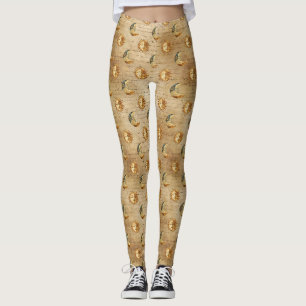Leggings Soleil Lune Céleste Doré Motif Astrologie Vintage