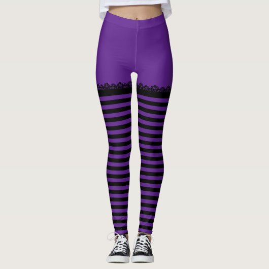 Leggings Sorcière d'Halloween amusante violet noir rayé (Devant)