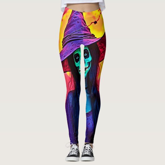 Leggings Sorcière d'Halloween avec conception de visage crâ (Devant)