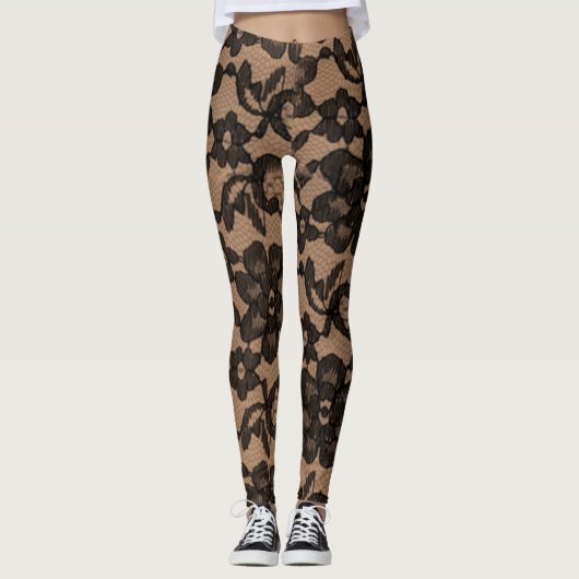 Leggings Spandex Tan & Black Elegant Faux Lace (Devant)