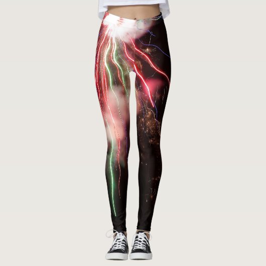 Leggings Spectaculaire feu d'artifice rouge vert ciel noir (Devant)