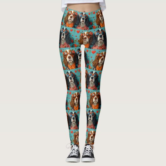 Leggings Springer Spaniel avec Roses de cœur Saint-Valentin (Devant)
