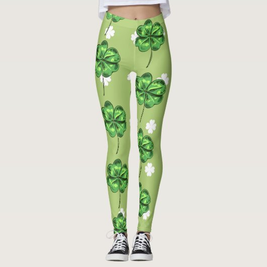 Leggings St Patrick's Day avec shamrocks sur vert (Devant)