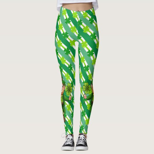 Leggings St. Patrick's Day Leprechaun Shamrock Vert blanc (Devant)