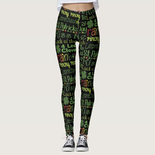 Leggings St. Patrick's Day Leprechaun Shamrock Vert Noir (Devant)