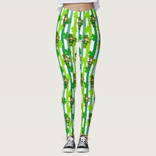 Leggings St. Patrick's Day Leprechaun Shamrock Vert Noir (Devant)