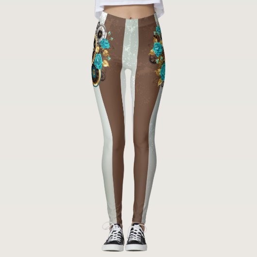 Leggings Steampunk Clock and Turquoise Roses on Striped (Devant)