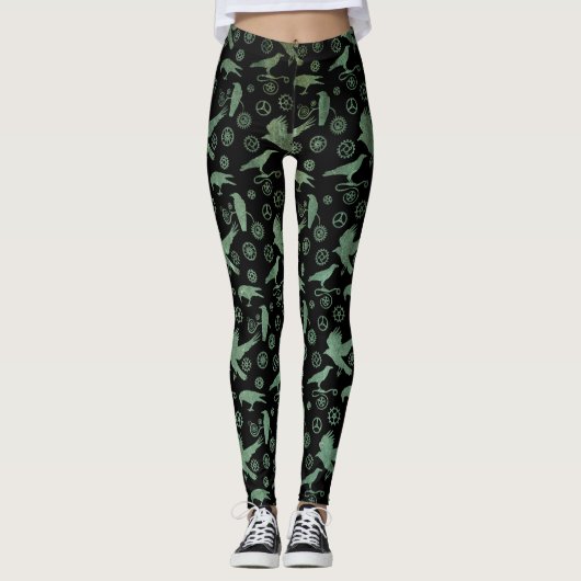 Leggings Steampunk Verdigris Bronze Crows et engrenages (Devant)