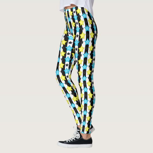 Leggings Striped Blue Yellow Stars Pattern Design  (Gauche)