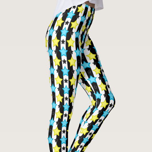 Leggings Striped Blue Yellow Stars Pattern Design 