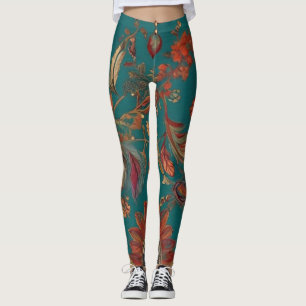 Leggings Style Bohème Imprimé Émeraude & Rubis à Plumes