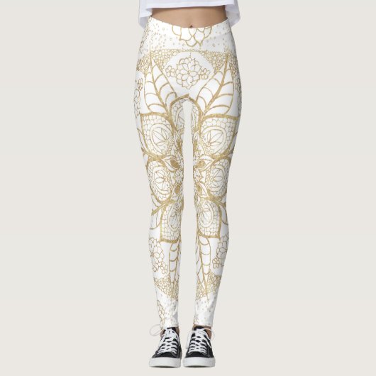 Leggings Style Boho Blanc Or Mandala Floral (Devant)