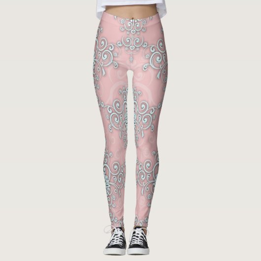 Leggings style boho damassé rose clair et gris (Devant)