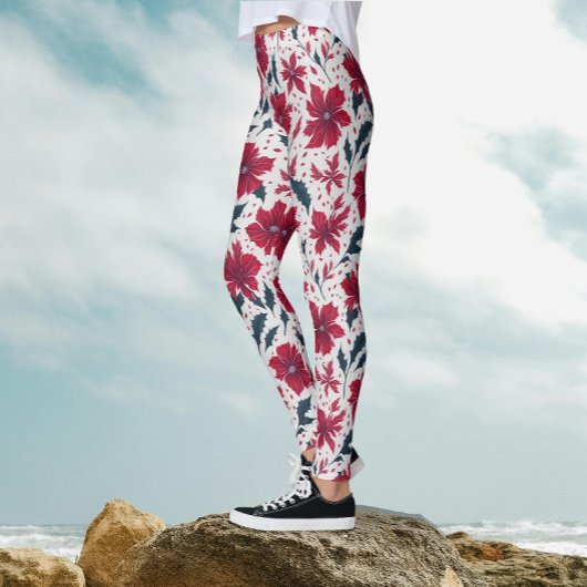 Leggings Style Chic Rouge Blanc Poinsettia Motif Floral