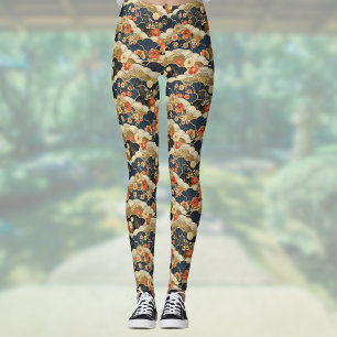 Leggings Style japonais Retro Turquoise Floral et Nuages Im