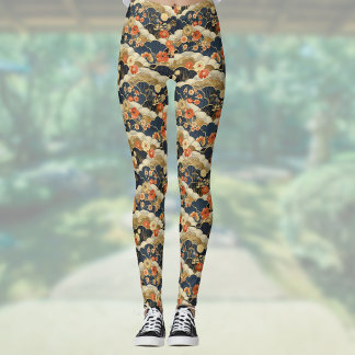 Leggings Style japonais Retro Turquoise Floral et Nuages Im