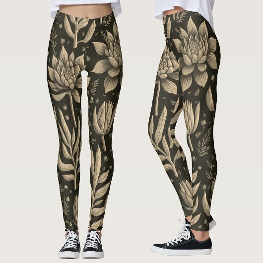 Leggings Style Monochrome Boho Succulents Motif Floral