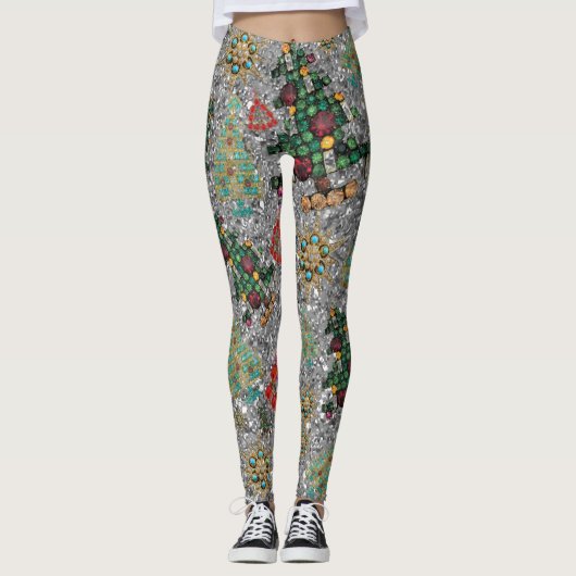 Leggings Style Noël Arbre Bijou Bling Argent (Devant)