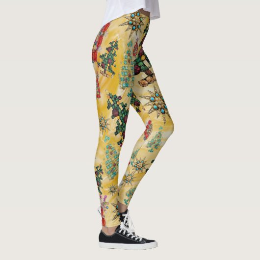 Leggings Style Noël Arbre Bijou Bling Jaune (Droite)