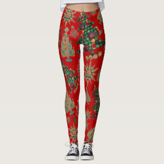 Leggings Style Noël Arbre Bijou Bling Rouge