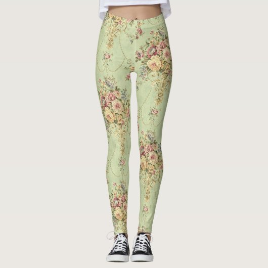 Leggings Style Victorien Vert Sage Français Rococo Floral (Devant)