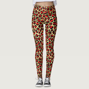 Leggings Stylish Scarlet Red and Gold Foil Leopard Spots