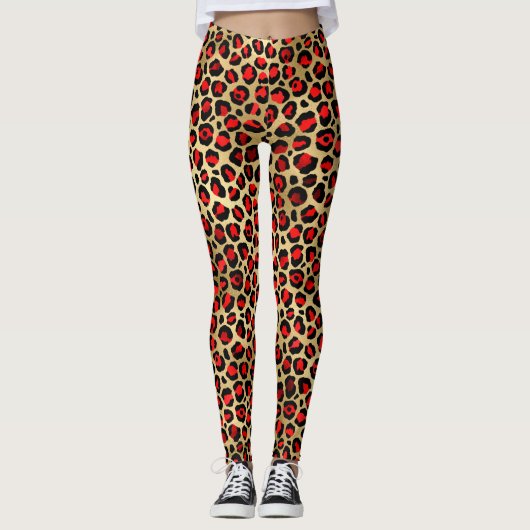 Leggings Stylish Scarlet Red and Gold Foil Leopard Spots (Devant)