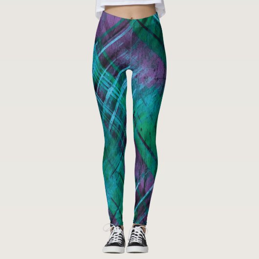 Leggings Stylo Distress Plaid Check Purple Green Tartan (Devant)