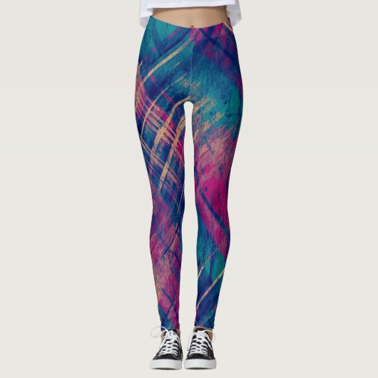 Leggings Stylo Distressed Plaid Check rose violet bleu (Devant)