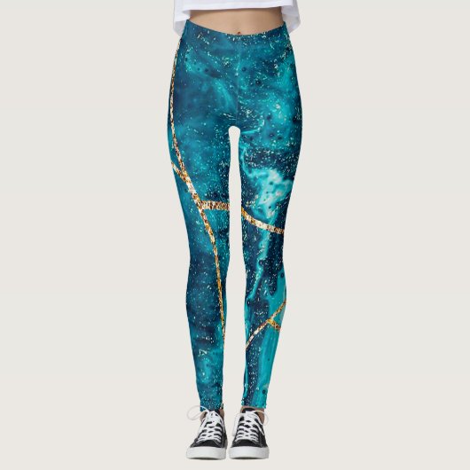 Leggings Stylo Marine Blue Gold Agate Géode Chic Monogramme (Devant)