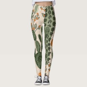 Leggings Succulents verts, fleurs oranges, papier peint de