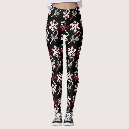 Leggings Sucres de canne de vacances & Snowflakes, sur noir (Devant)