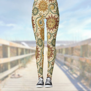 Leggings Sun Celestial Vintage Bourgogne Green Motif or