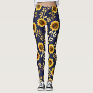 Leggings Sunny Yellow Gold Navy Feuille Motif