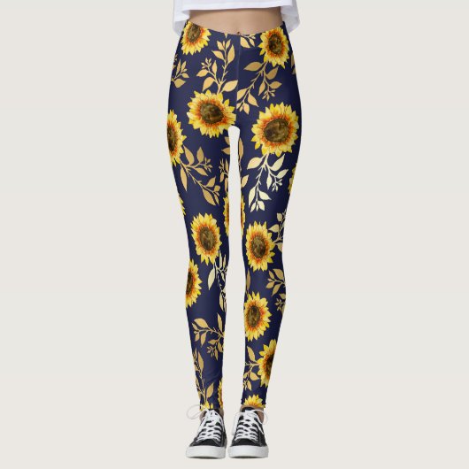 Leggings Sunny Yellow Gold Navy Feuille Motif (Devant)
