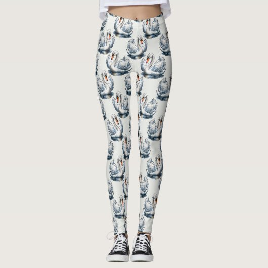 Leggings Swan Birds Pattern Design on White  (Devant)