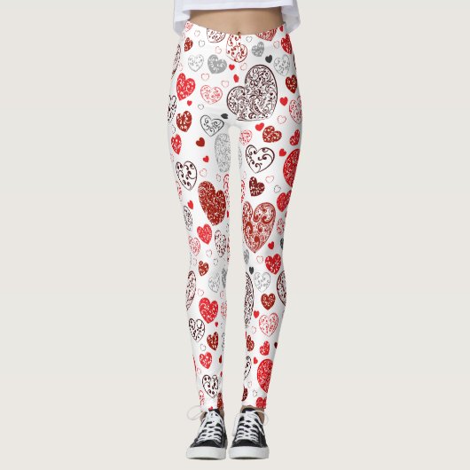Leggings Swirling Red Decorative Heart Pattern (Devant)